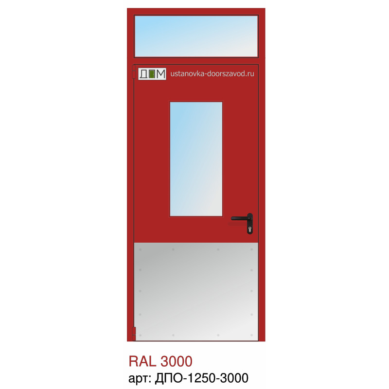 Дверь противопожарная EI-60, прямоугольное остекление, отбойник нижний огромный, петли "Барк", фрамуга с остеклением