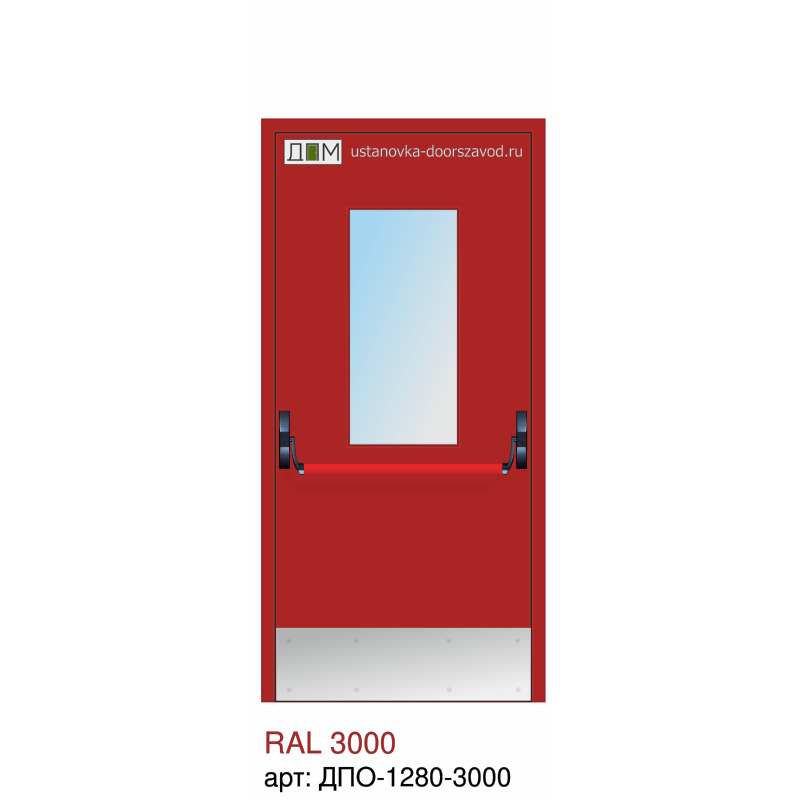 Дверь противопожарная EI-60, прямоугольное остекление, ручка пуш бар, отбойник внизу, скрытые петли