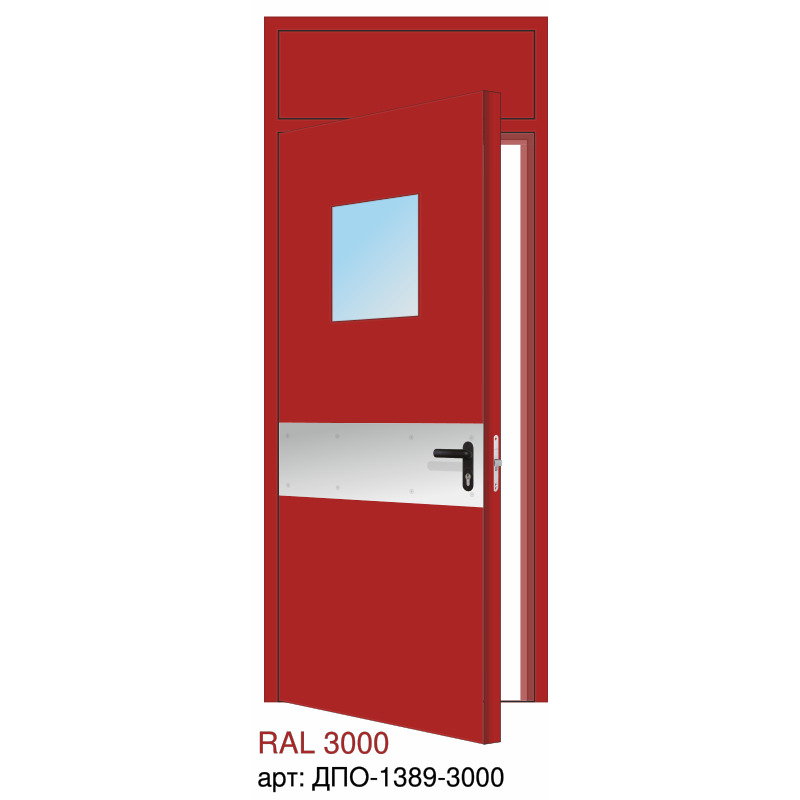Дверь противопожарная EI-60, квадратное остекление, отбойник у ручки, скрытые петли, фрамуга глухая