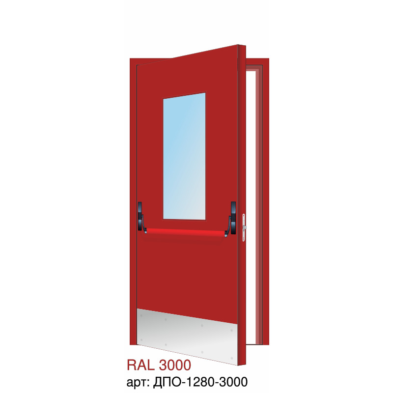 Дверь противопожарная EI-60, прямоугольное остекление, ручка пуш бар, отбойник внизу, скрытые петли