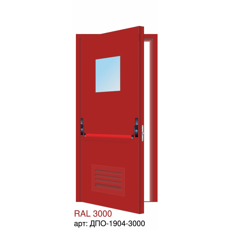 Дверь противопожарная EI-60, решётка снизу, квадратное остекление, ручка пуш бар, скрытые петли