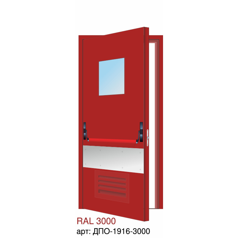 Дверь противопожарная EI-60, решётка снизу, квадратное остекление, ручка пуш бар, отбойник под ручкой, скрытые петли