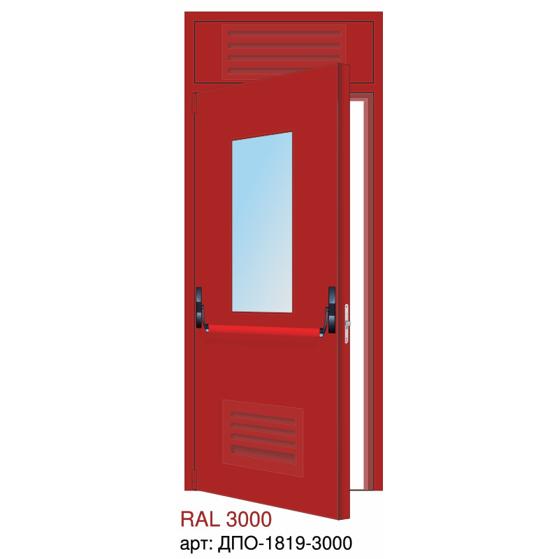 Дверь противопожарная EI-60, решётка снизу, прямоугольное остекление, ручка пуш бар, петли "Барк", фрамуга с решёткой