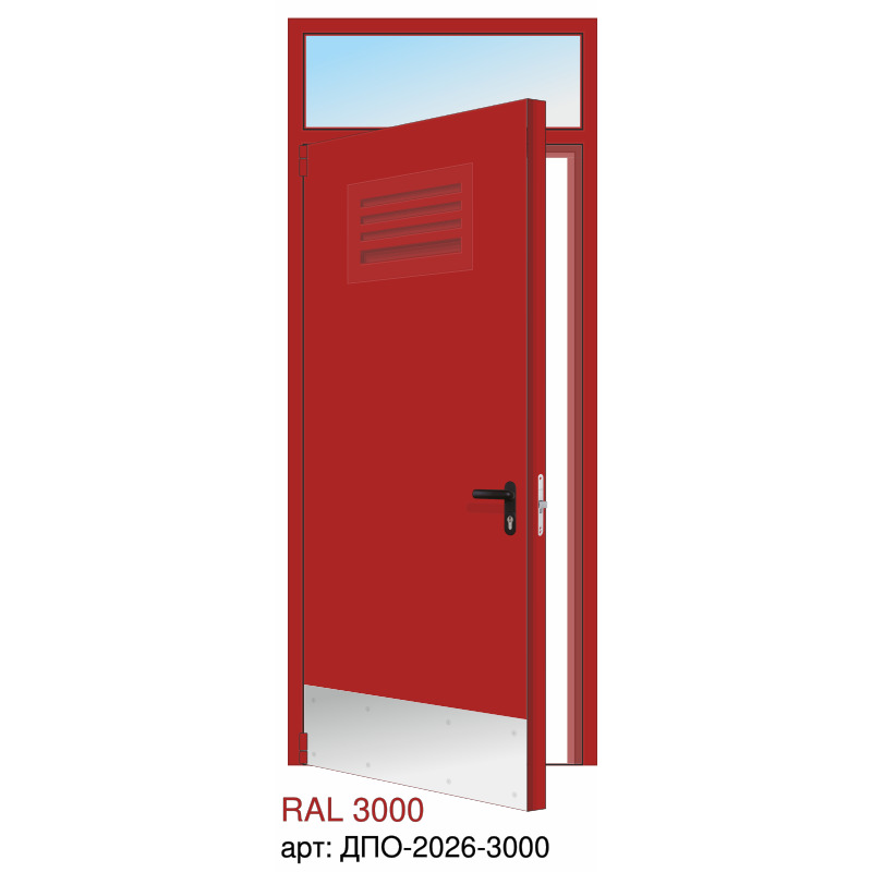 Дверь противопожарная EI-60, решётка сверху, отбойник внизу, петли "Барк", фрамуга с остеклением