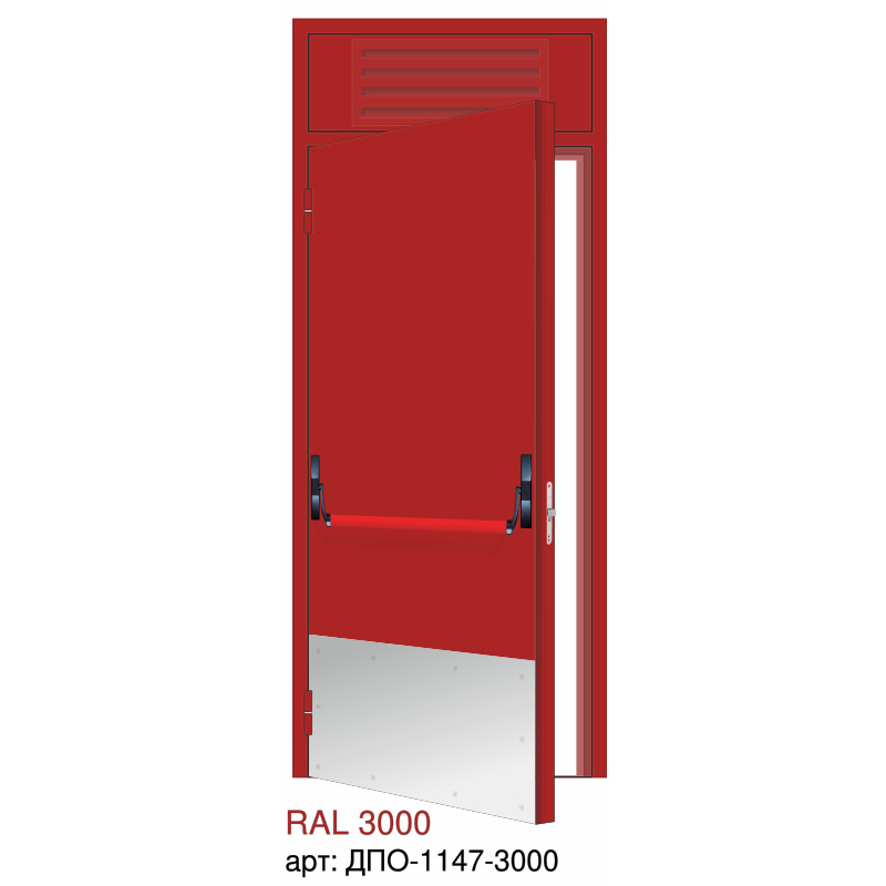 Дверь противопожарная EI-60, ручка пуш бар, отбойник нижний большой, фрамуга с решёткой